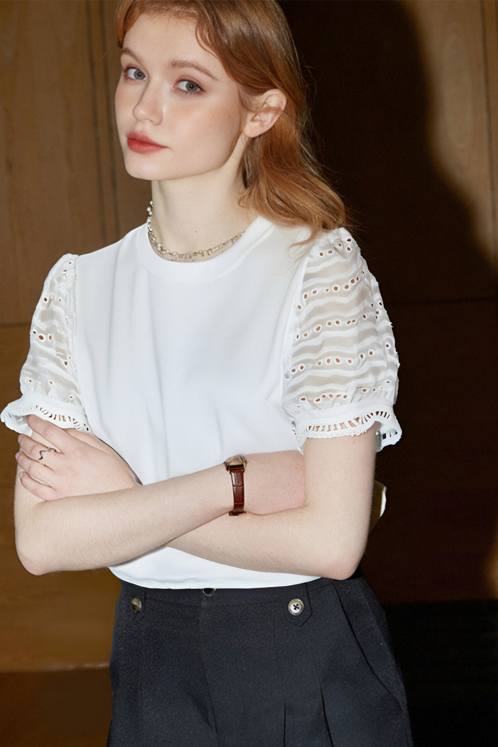 Hollow Puff Sleeve Short T-Shirt