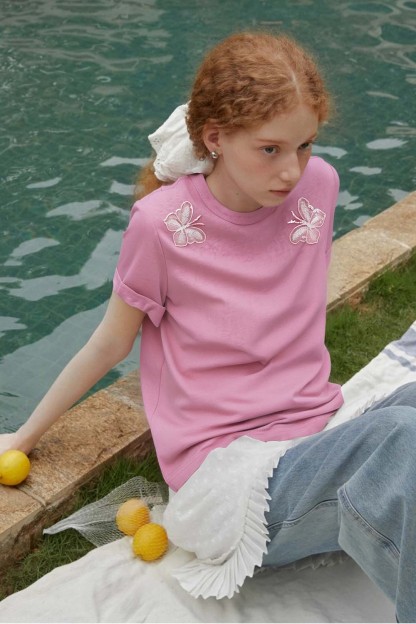 Lace Butterfly Solid Color T-Shirt