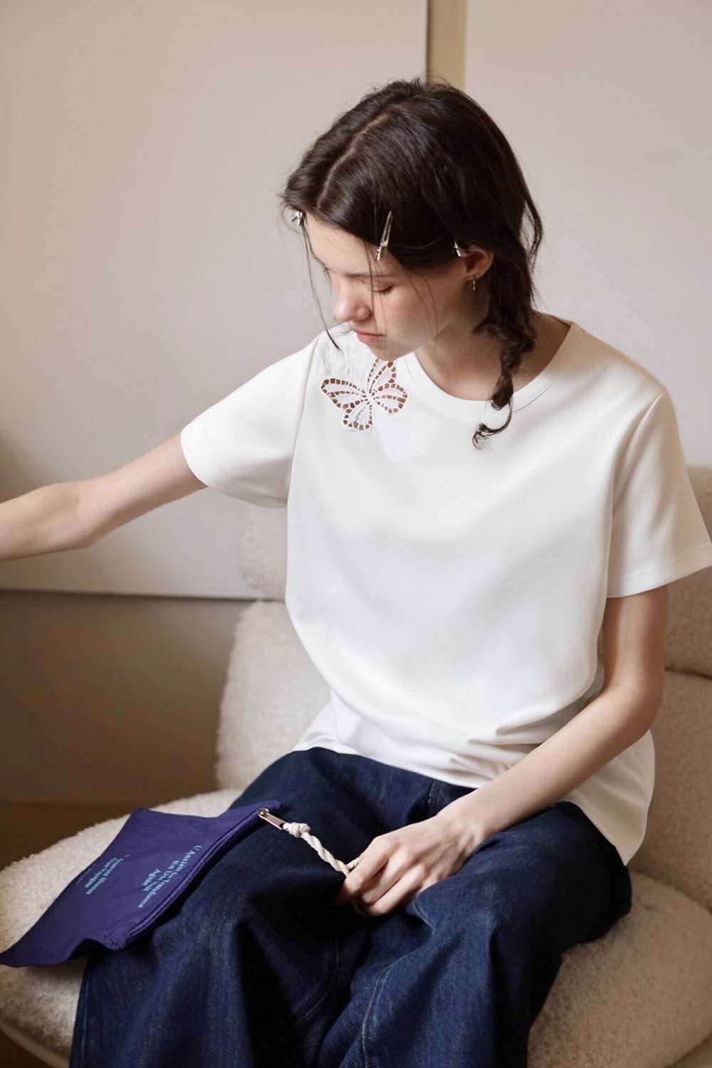 100% Cotton Butterfly Hollow T-Shirt