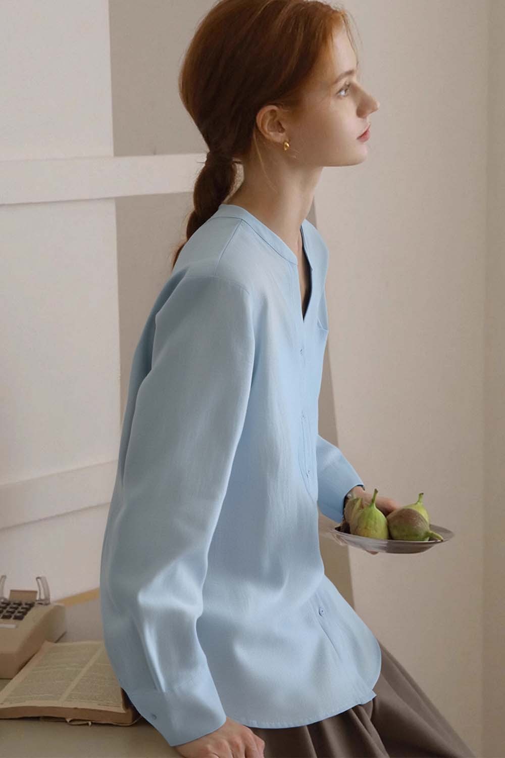 Ramie Blended Stand-Up Collar Patch Pocket Shirt