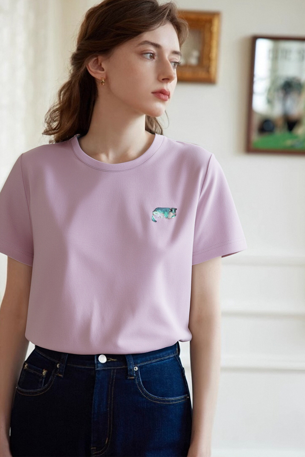 Kitten Sequin Embroidered Straight T-Shirt