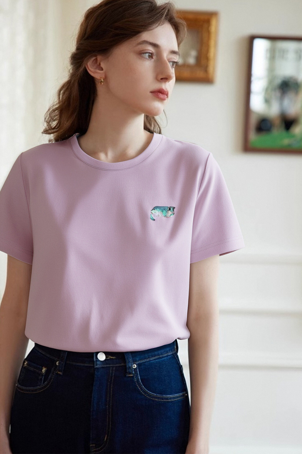 Kitten Sequin Embroidered Straight T-Shirt