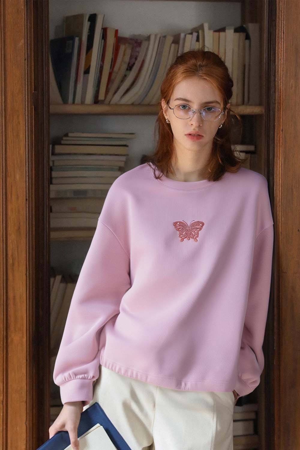 Butterfly Embroidered Sequined Knitted Sweatshirt