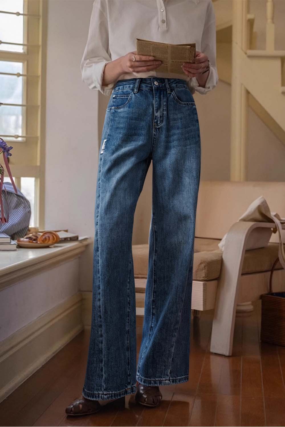 Dividing Line Decoration Denim Wide-Leg Pants