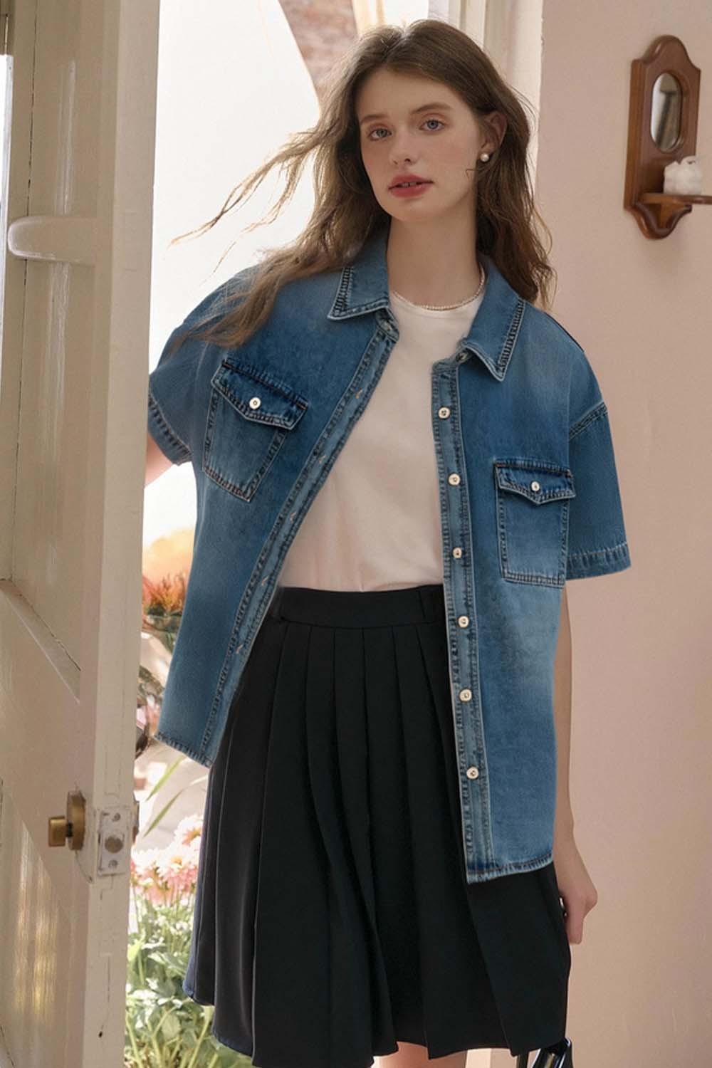 Lapel Cotton Denim Shirt