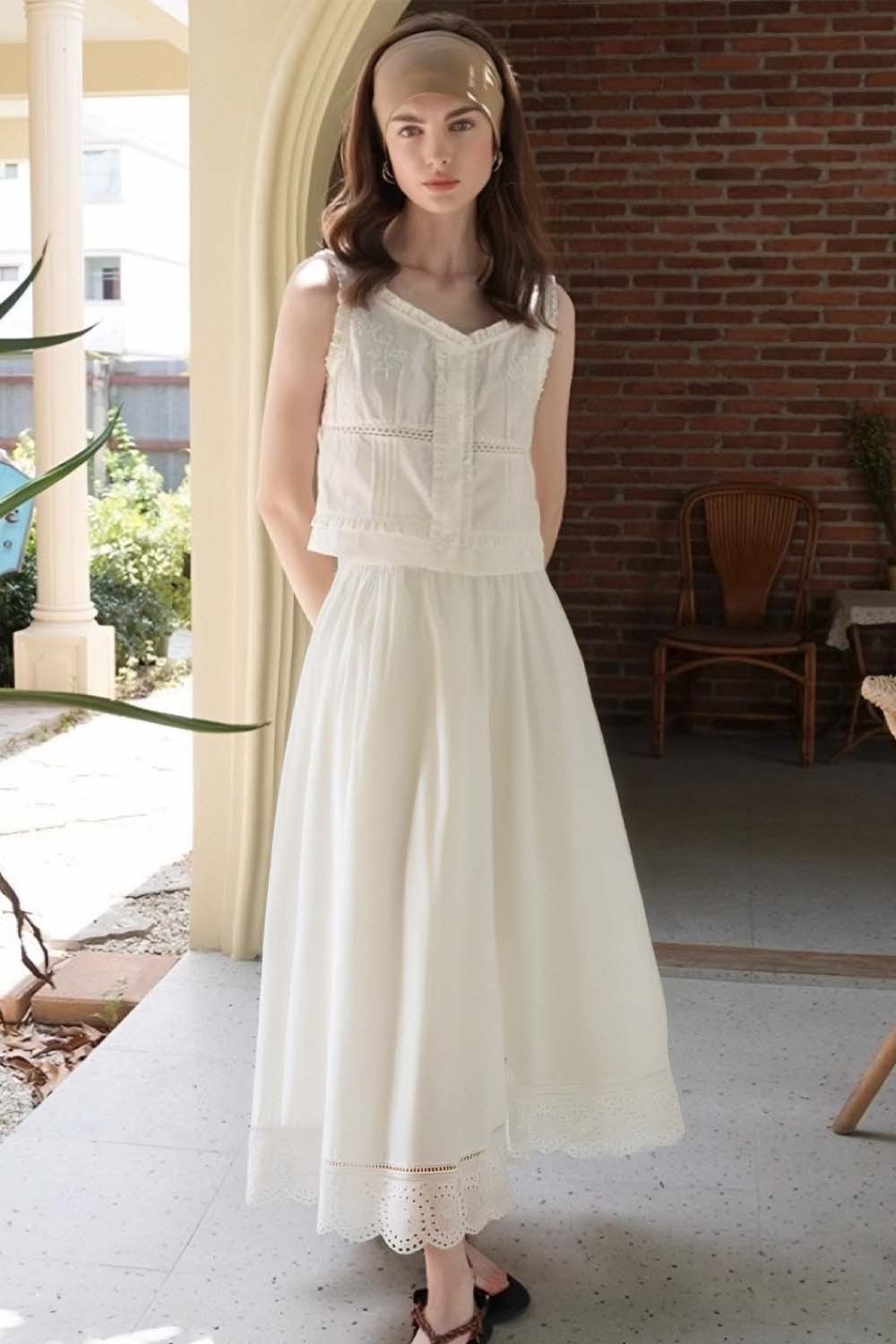 Lace-Edged White Long Skirt