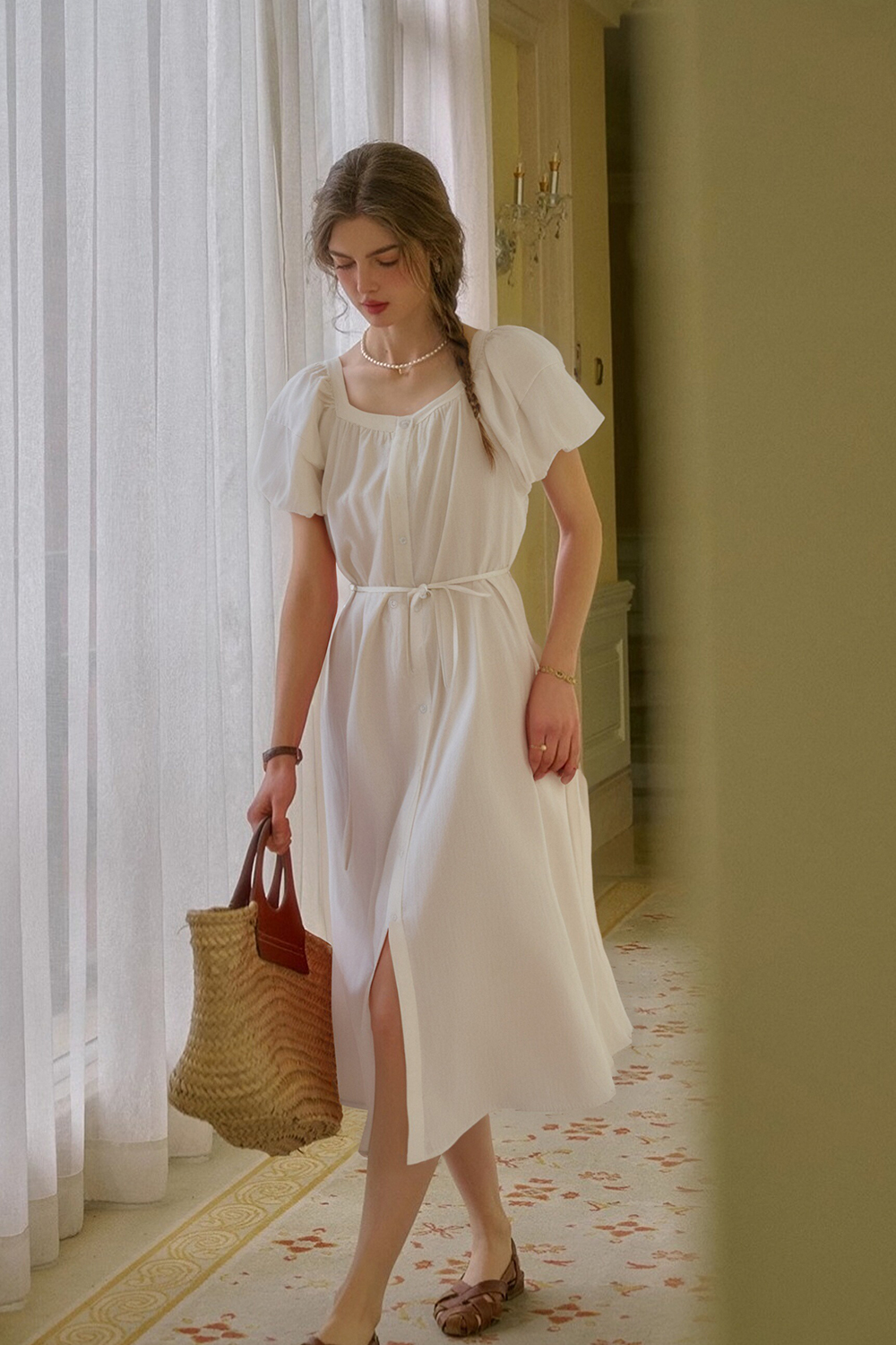 Cotton And Linen Blended Square Neck Dress