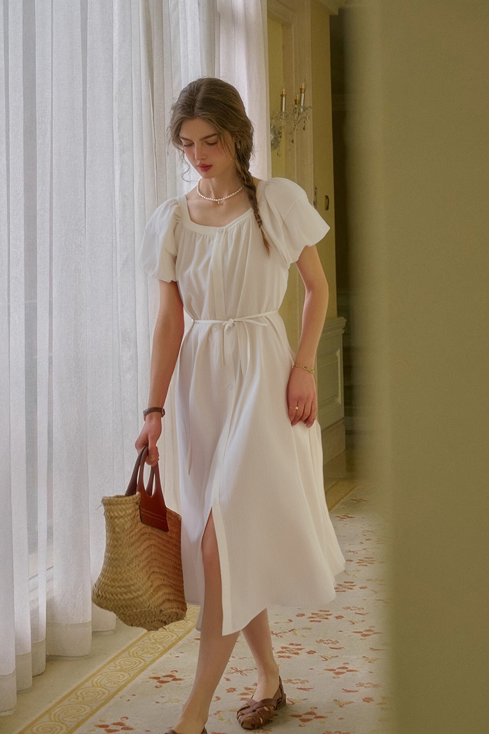 Cotton And Linen Blended Square Neck Dress