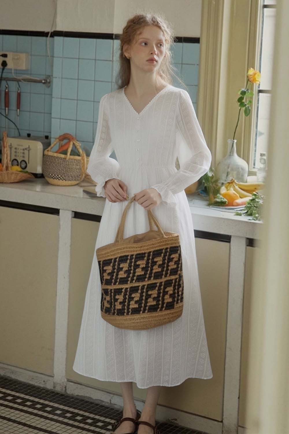 French Cotton Embroidered V-Neck Dress