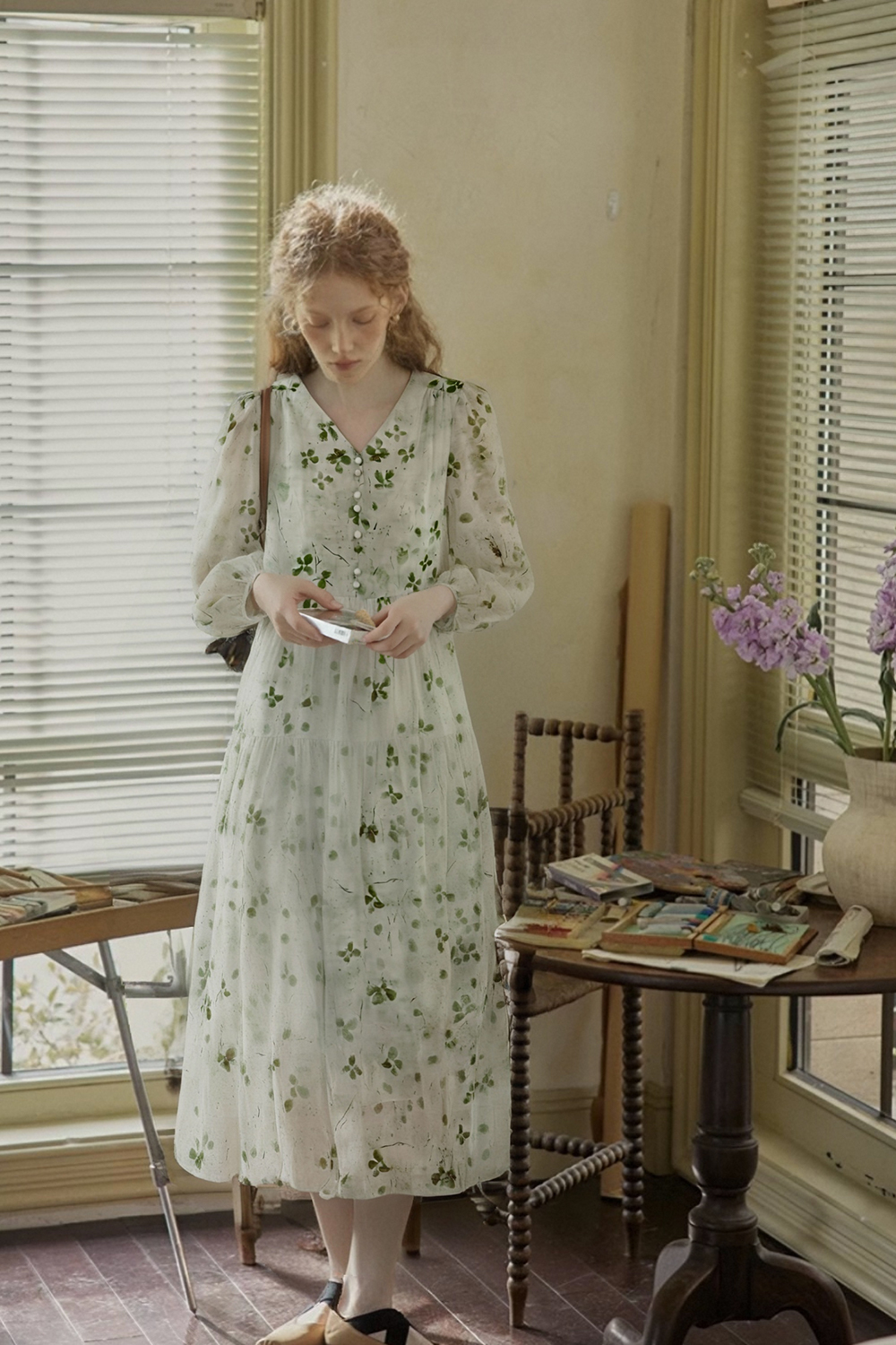 V-Neck Waist Floral Dress