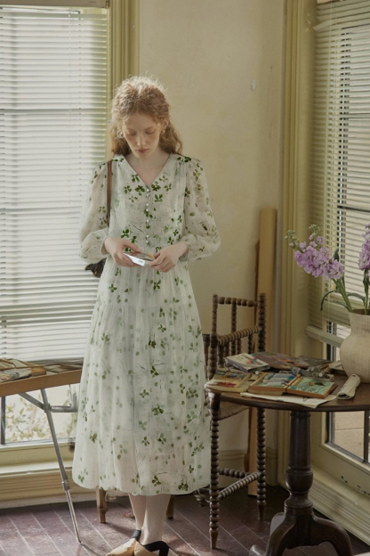 V-Neck Waist Floral Dress
