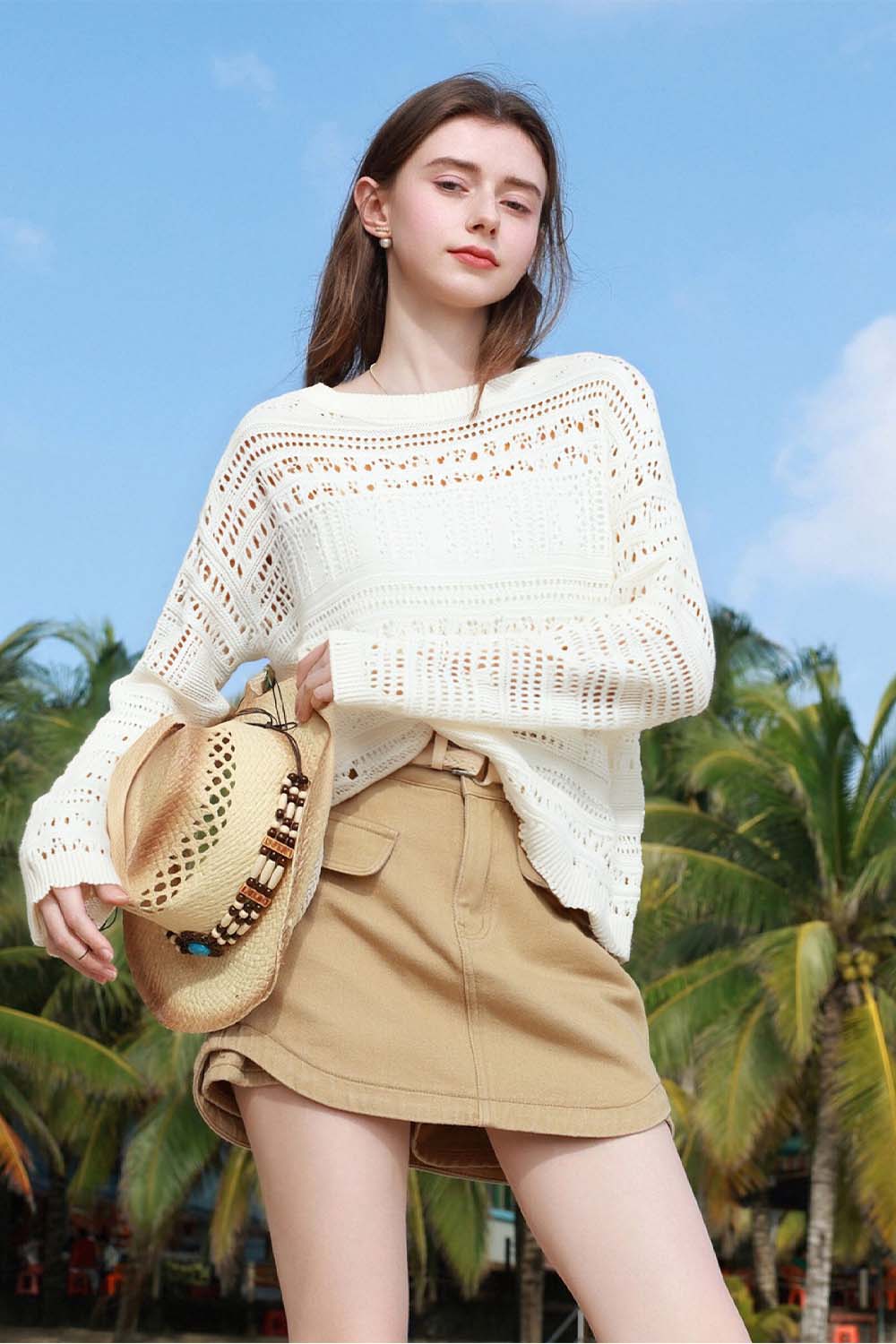Solid Color Hollow Knit Sweater