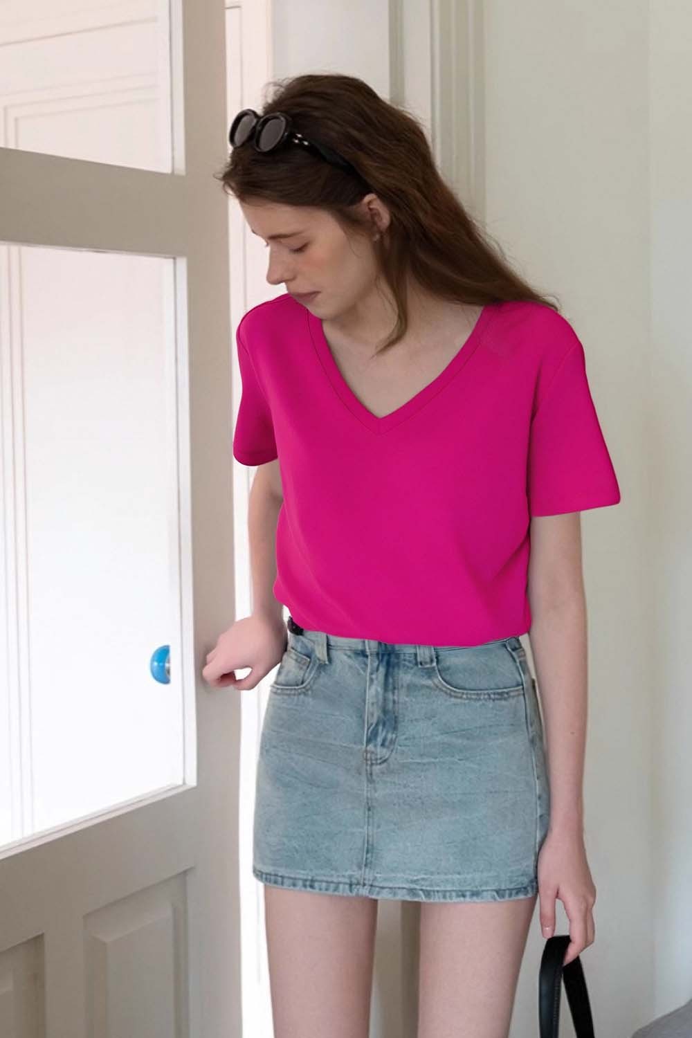 Pure Color V-Neck Casual T-Shirt