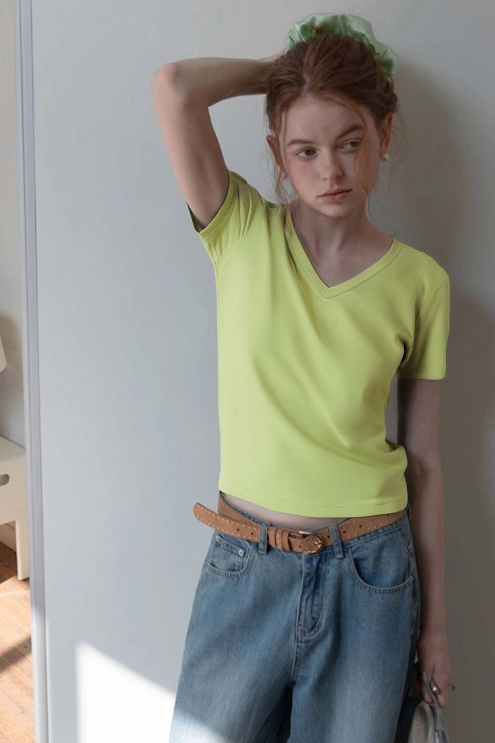 Pure Color V-Neck Casual T-Shirt