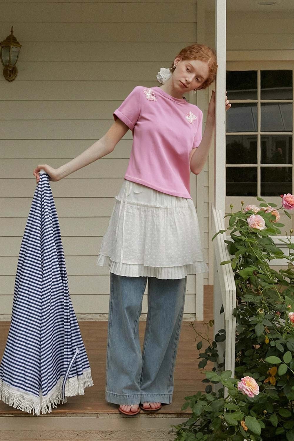 Lace Butterfly Solid Color T-Shirt