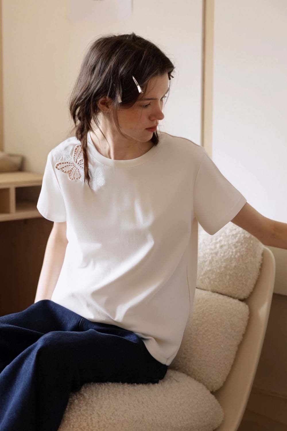 100% Cotton Butterfly Hollow T-Shirt