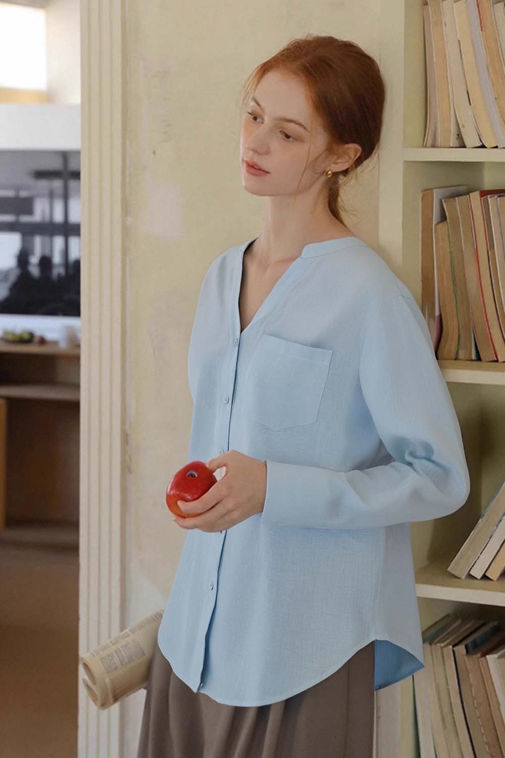 Ramie Blended Stand-Up Collar Patch Pocket Shirt
