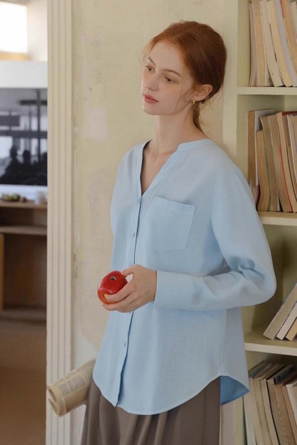 Ramie Blended Stand-Up Collar Patch Pocket Shirt