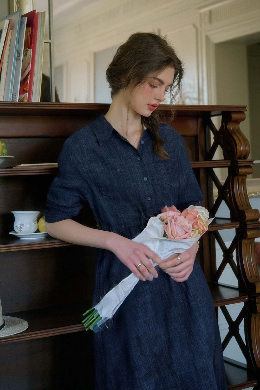 Pure Cotton Lapel Denim Dress