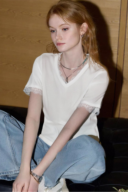 Fashion Lace Solid Color T-Shirt
