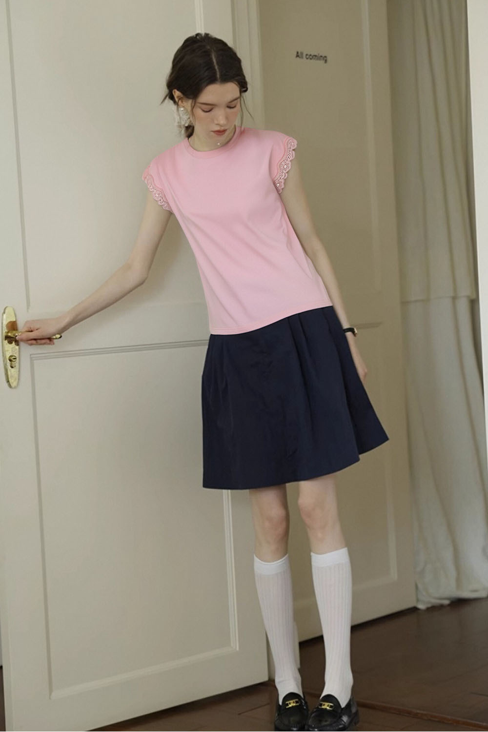 Lace Decoration Solid Color T-Shirt