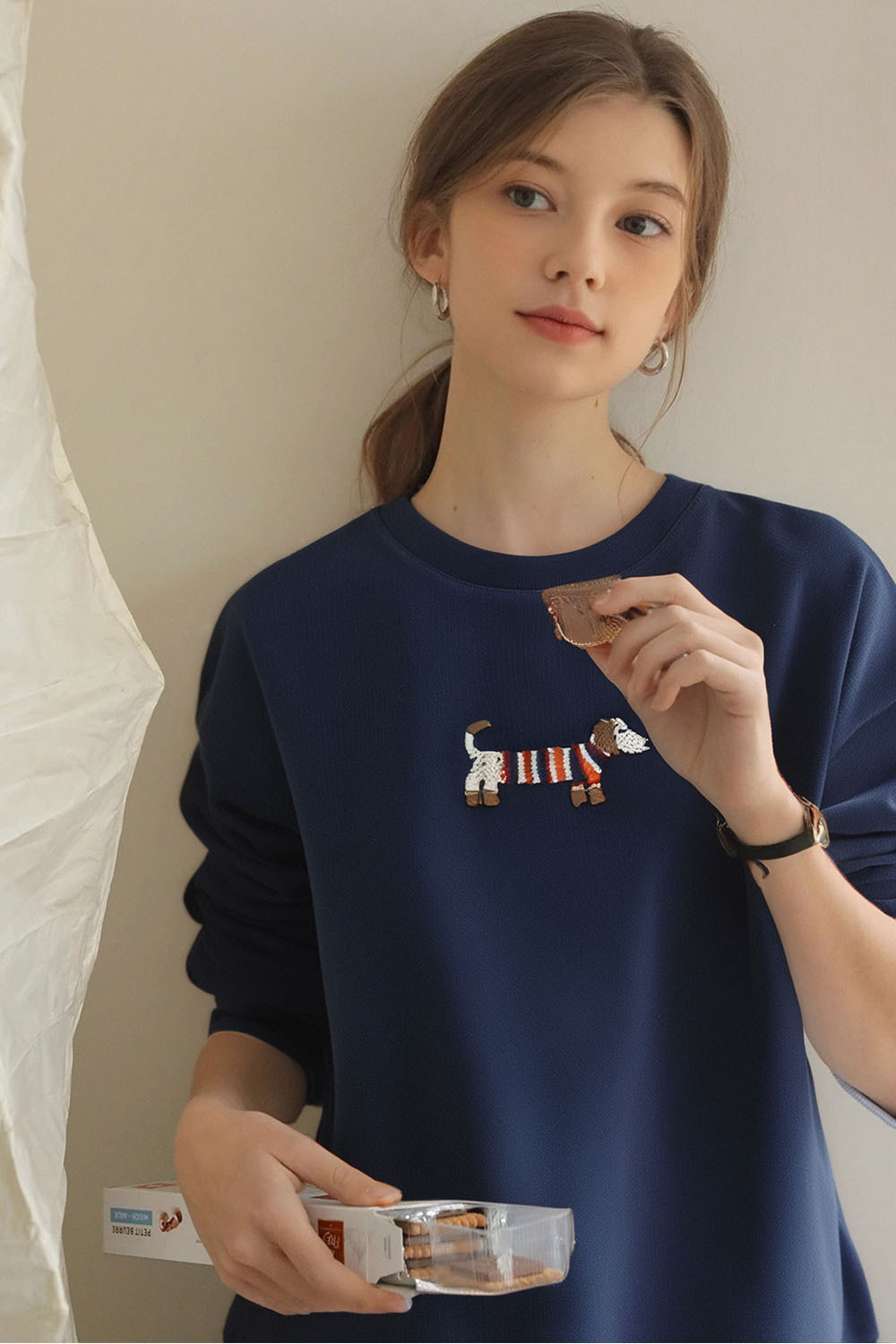 Dachshund Embroidered Round Neck Sweatshirt