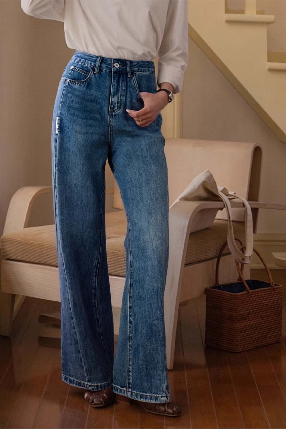 Dividing Line Decoration Denim Wide-Leg Pants