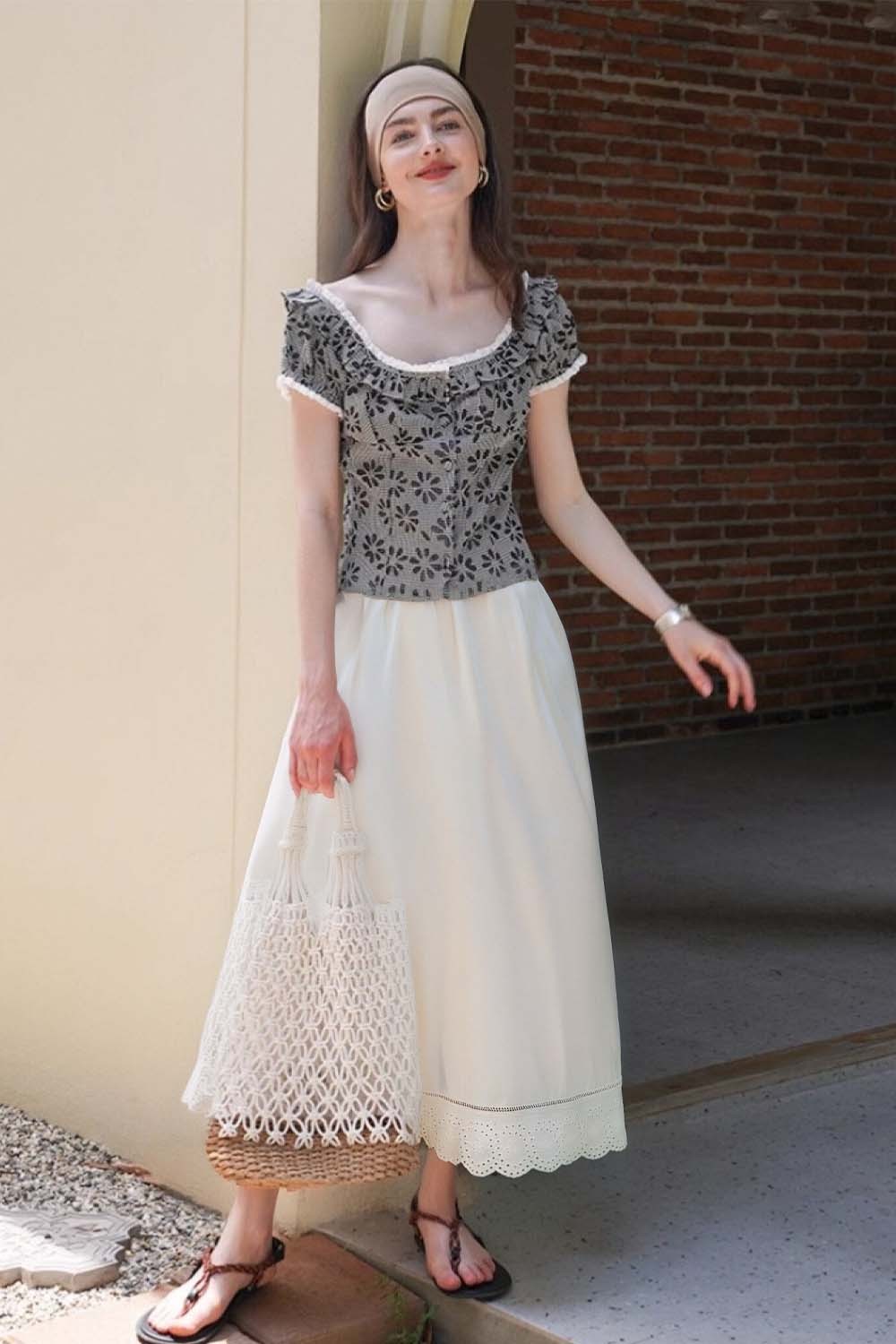 Lace-Edged White Long Skirt