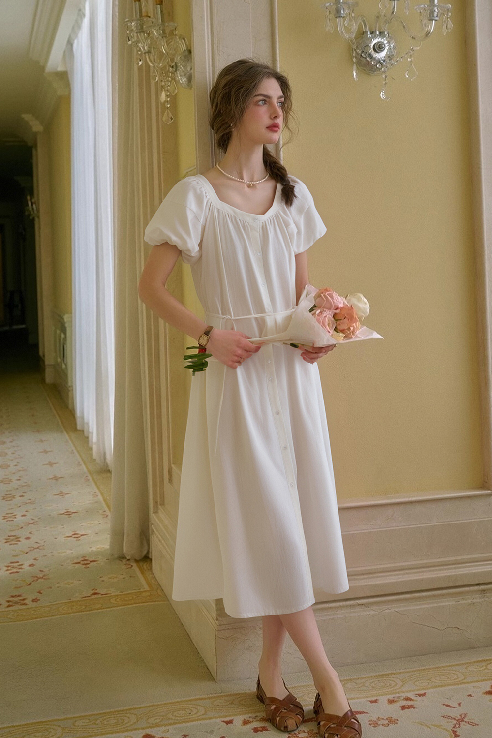 Cotton And Linen Blended Square Neck Dress