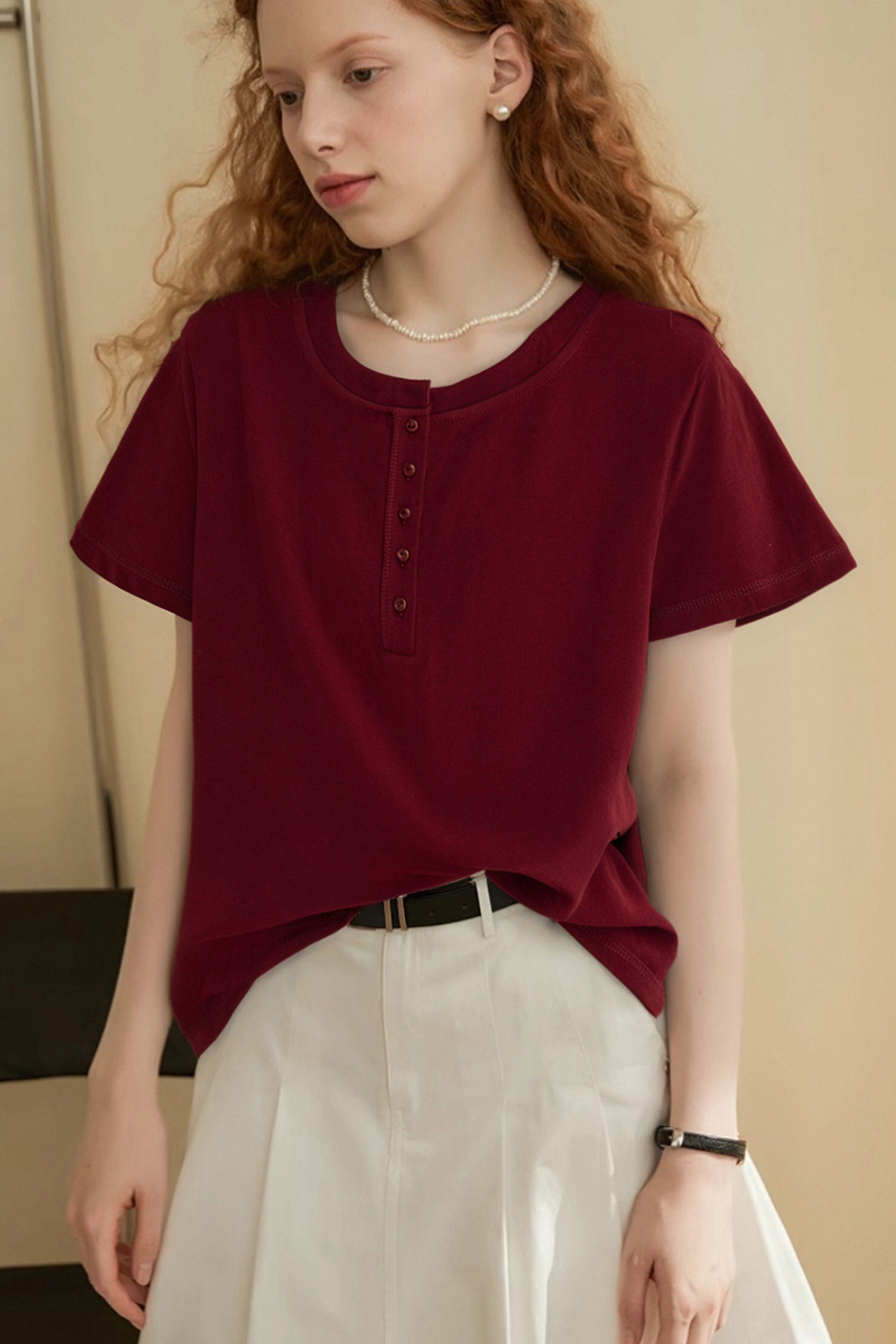 Round Neck Slit Solid Color T-Shirt