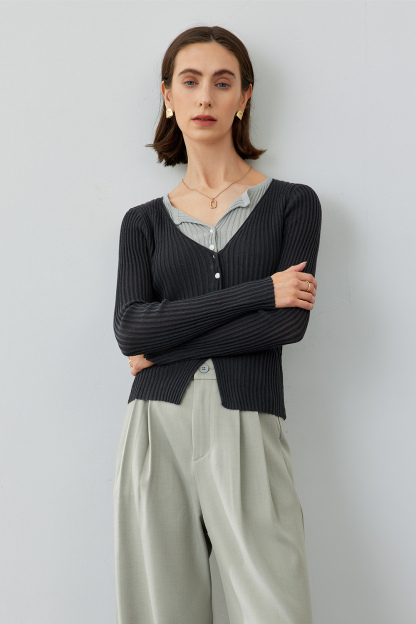 Collar Patchwork With Contrast Knit Cardigan