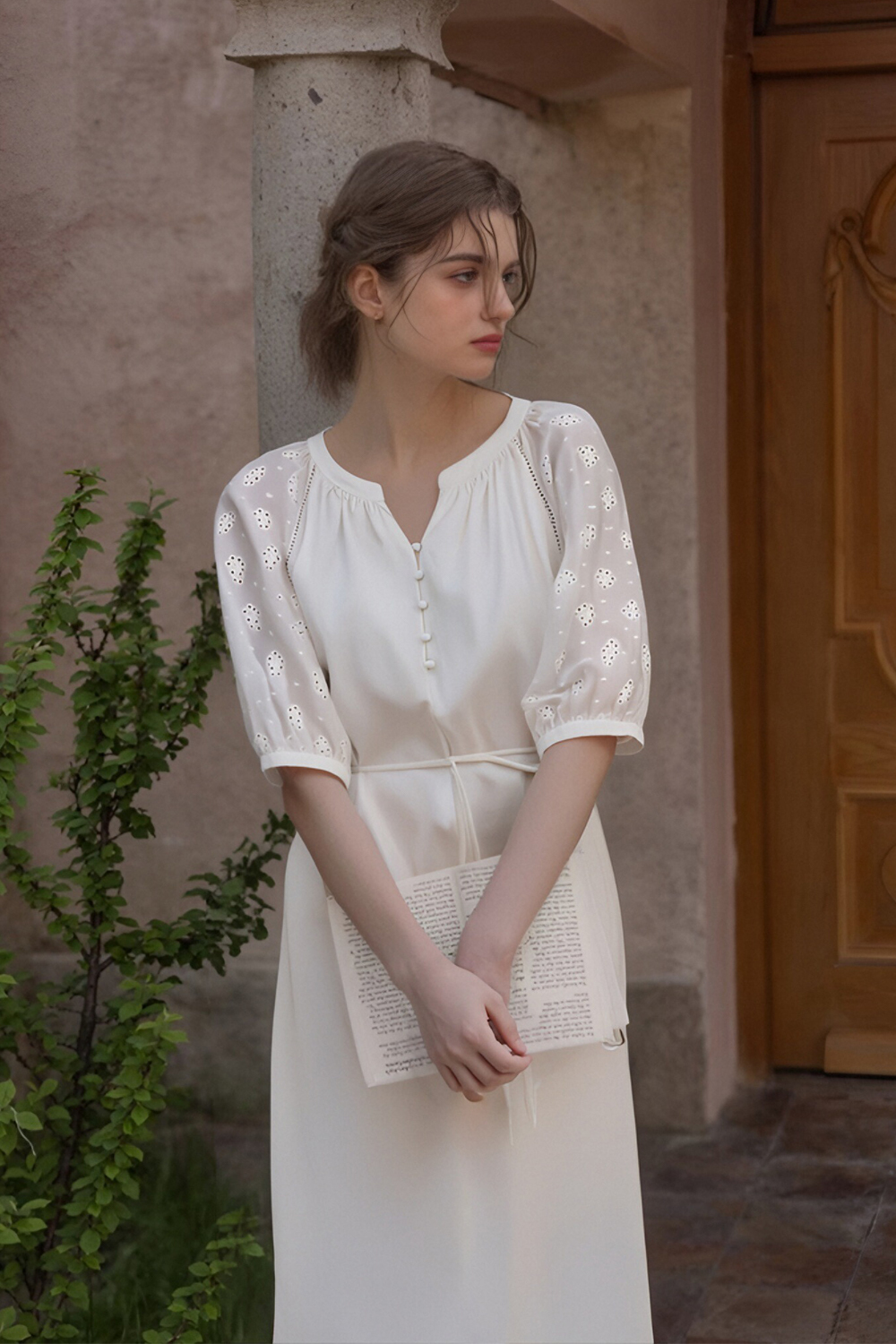 Cotton Lace-Up Straight Dress
