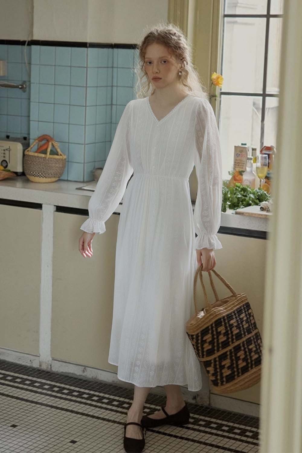 French Cotton Embroidered V-Neck Dress