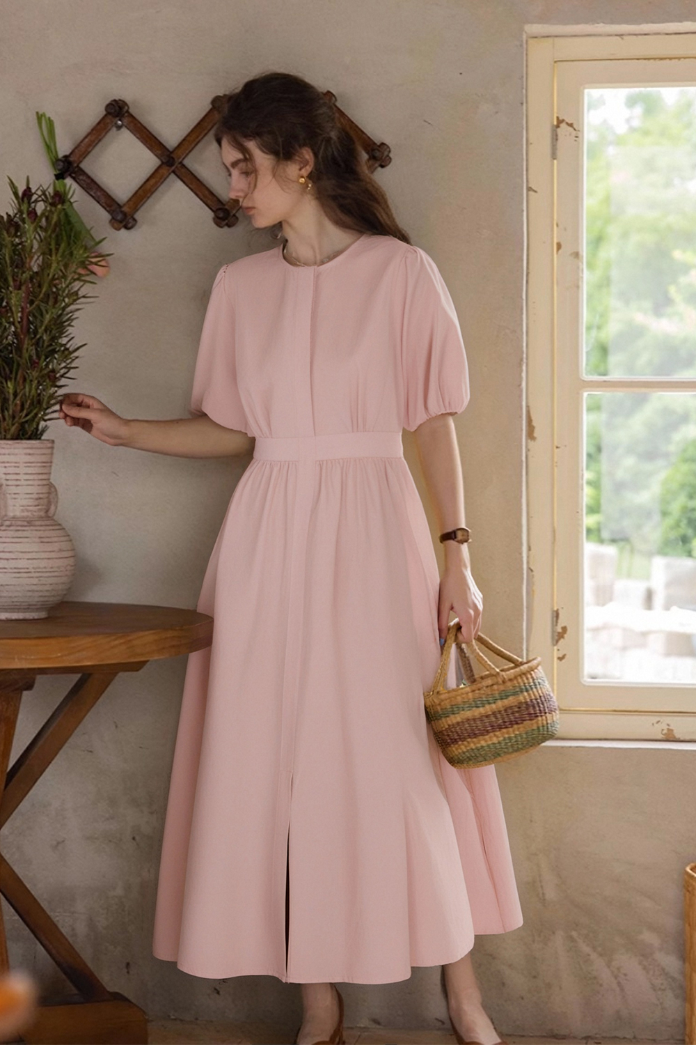 Cotton Round Neck Waist Dress