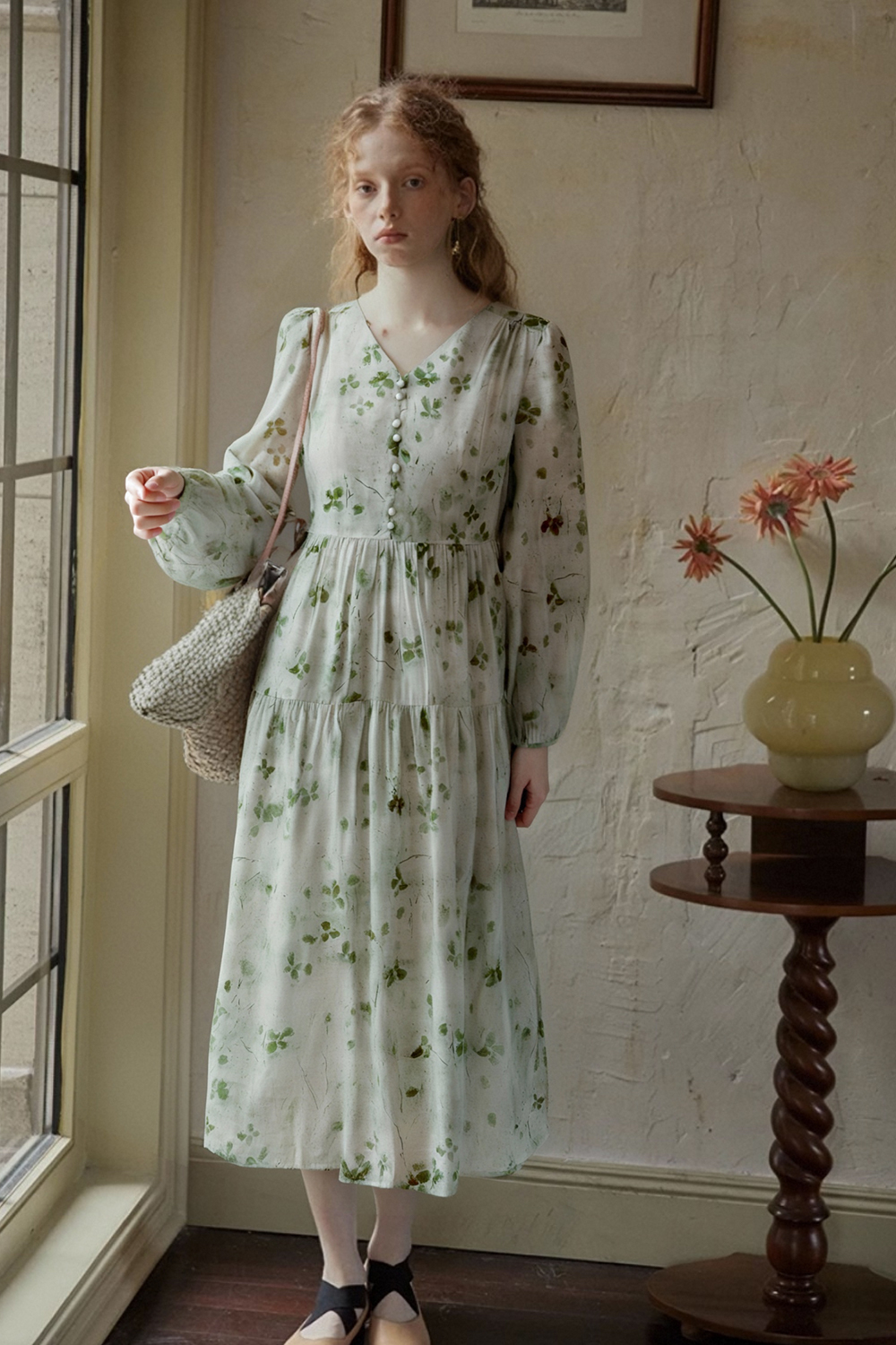 V-Neck Waist Floral Dress