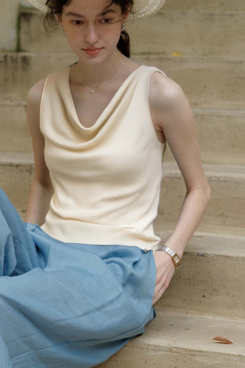 100% Lyocell Sleeveless Swing Collar Knitted Sweater