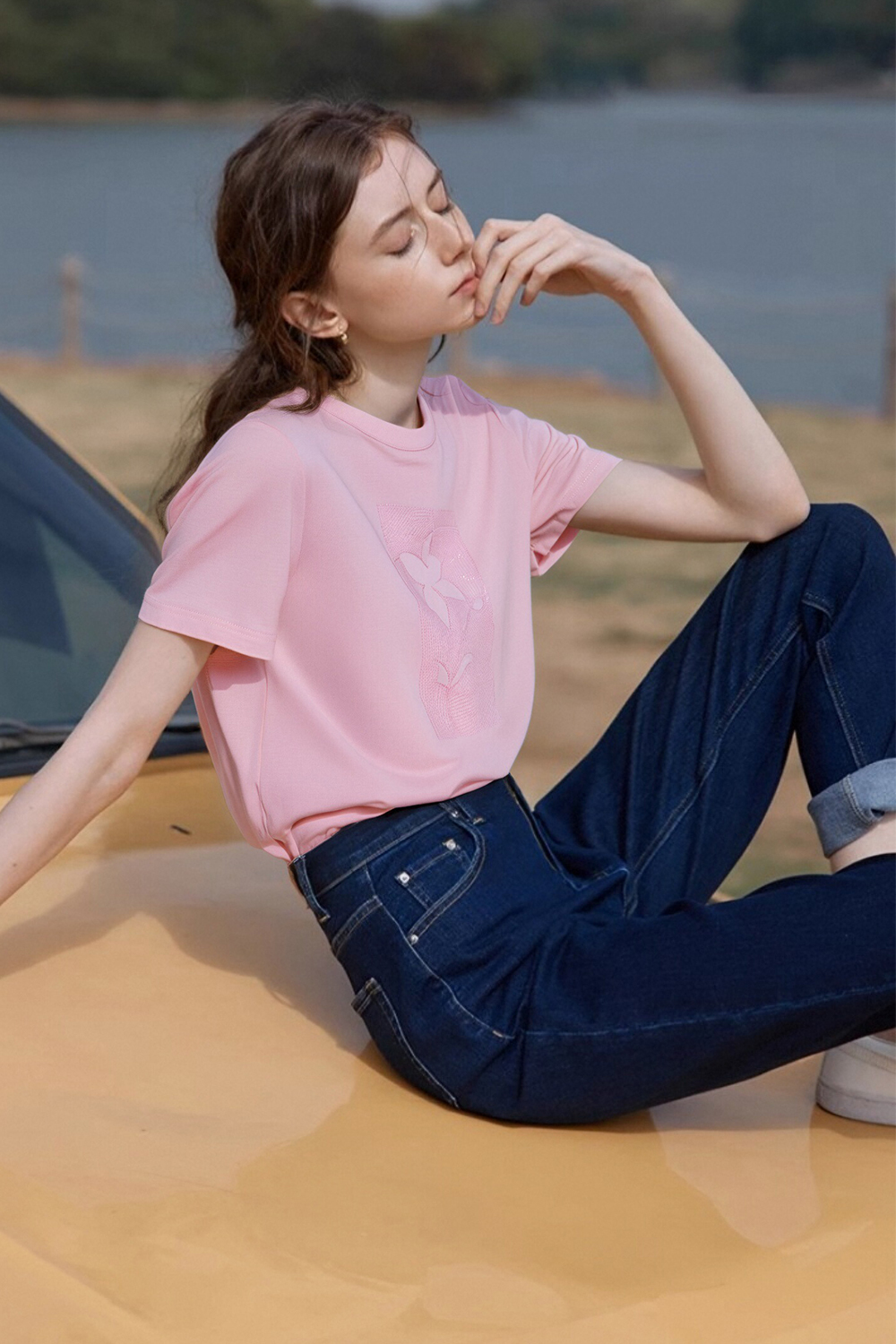 100% Cotton Flower Embroidered T-Shirt