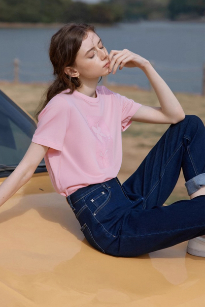 100% Cotton Flower Embroidered T-Shirt