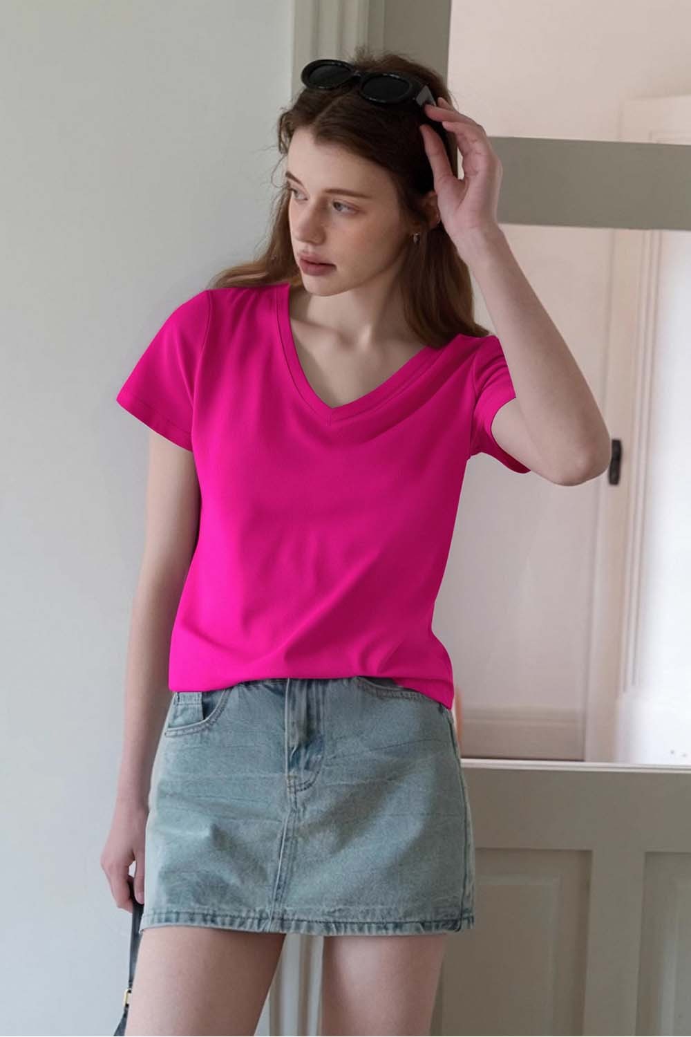 Pure Color V-Neck Casual T-Shirt