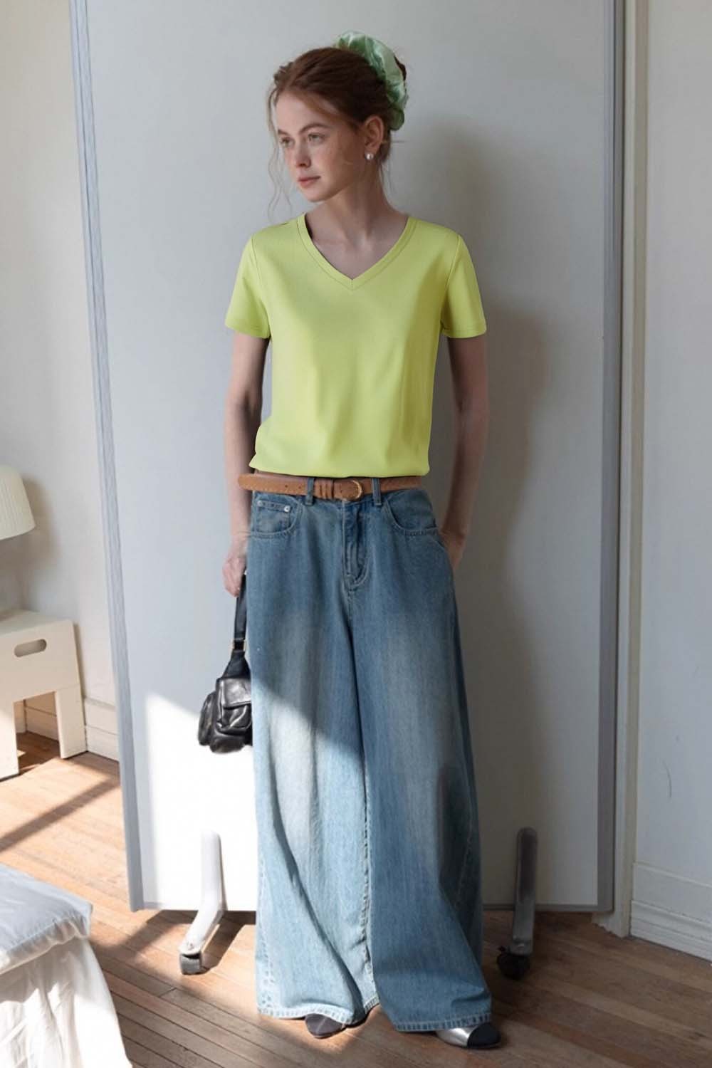 Pure Color V-Neck Casual T-Shirt