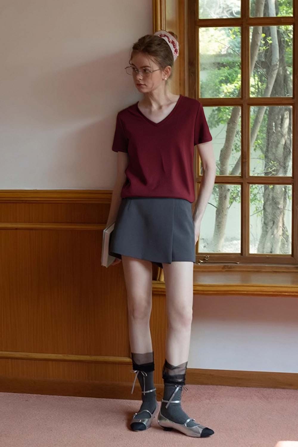 Pure Color V-Neck Casual T-Shirt