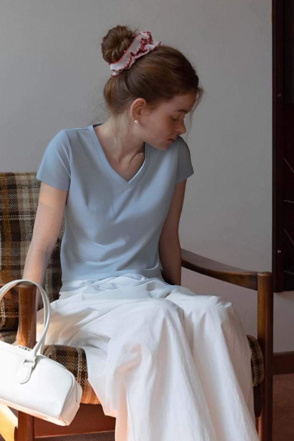 Pure Color V-Neck Casual T-Shirt