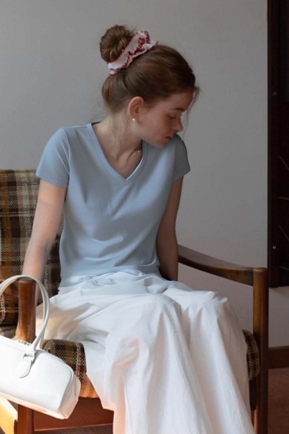 Pure Color V-Neck Casual T-Shirt
