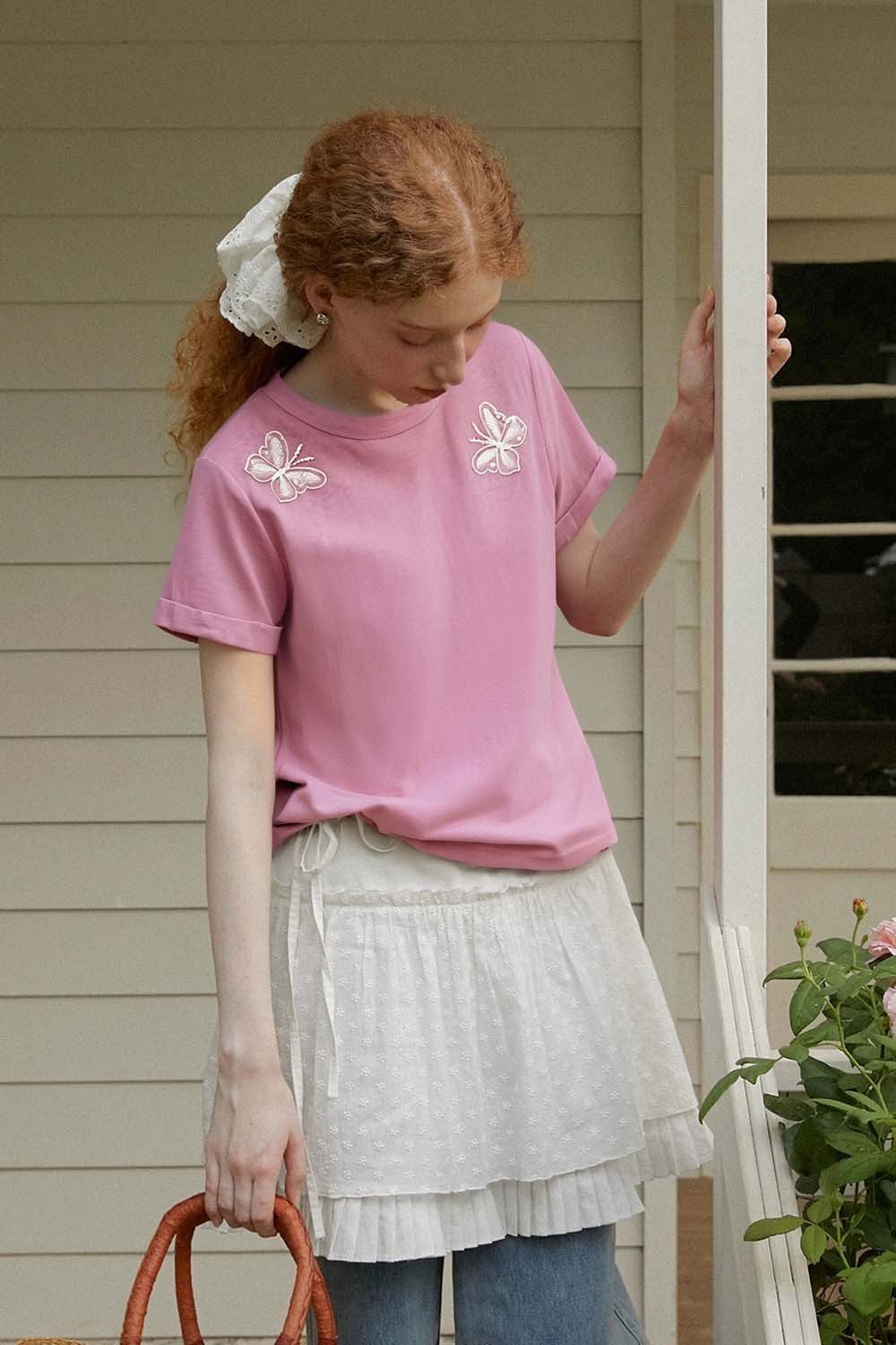 Lace Butterfly Solid Color T-Shirt