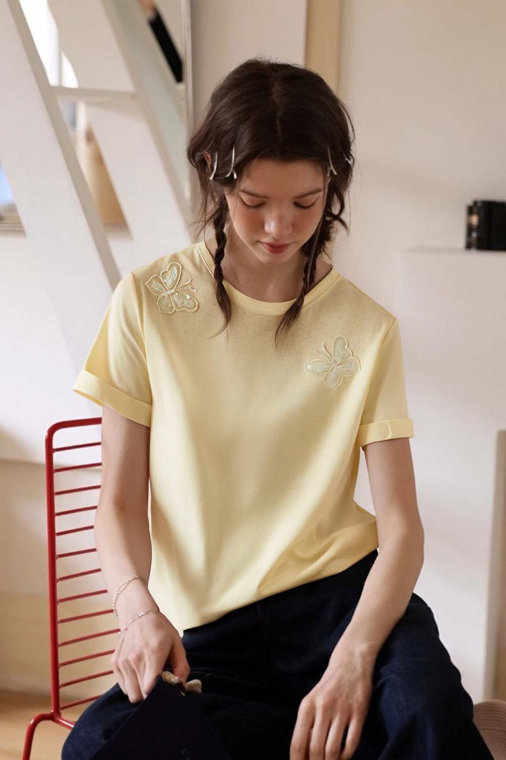 Lace Butterfly Solid Color T-Shirt