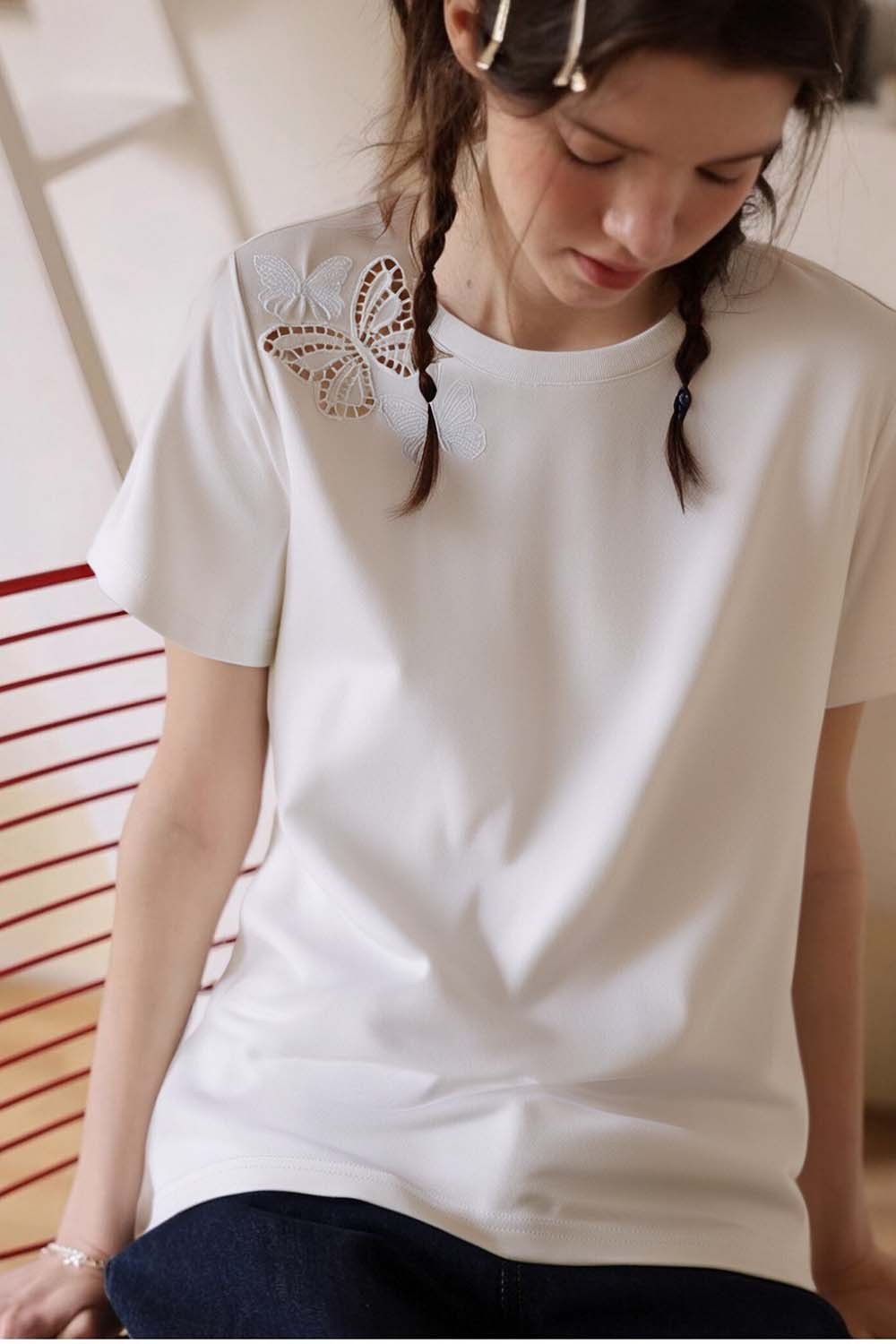100% Cotton Butterfly Hollow T-Shirt