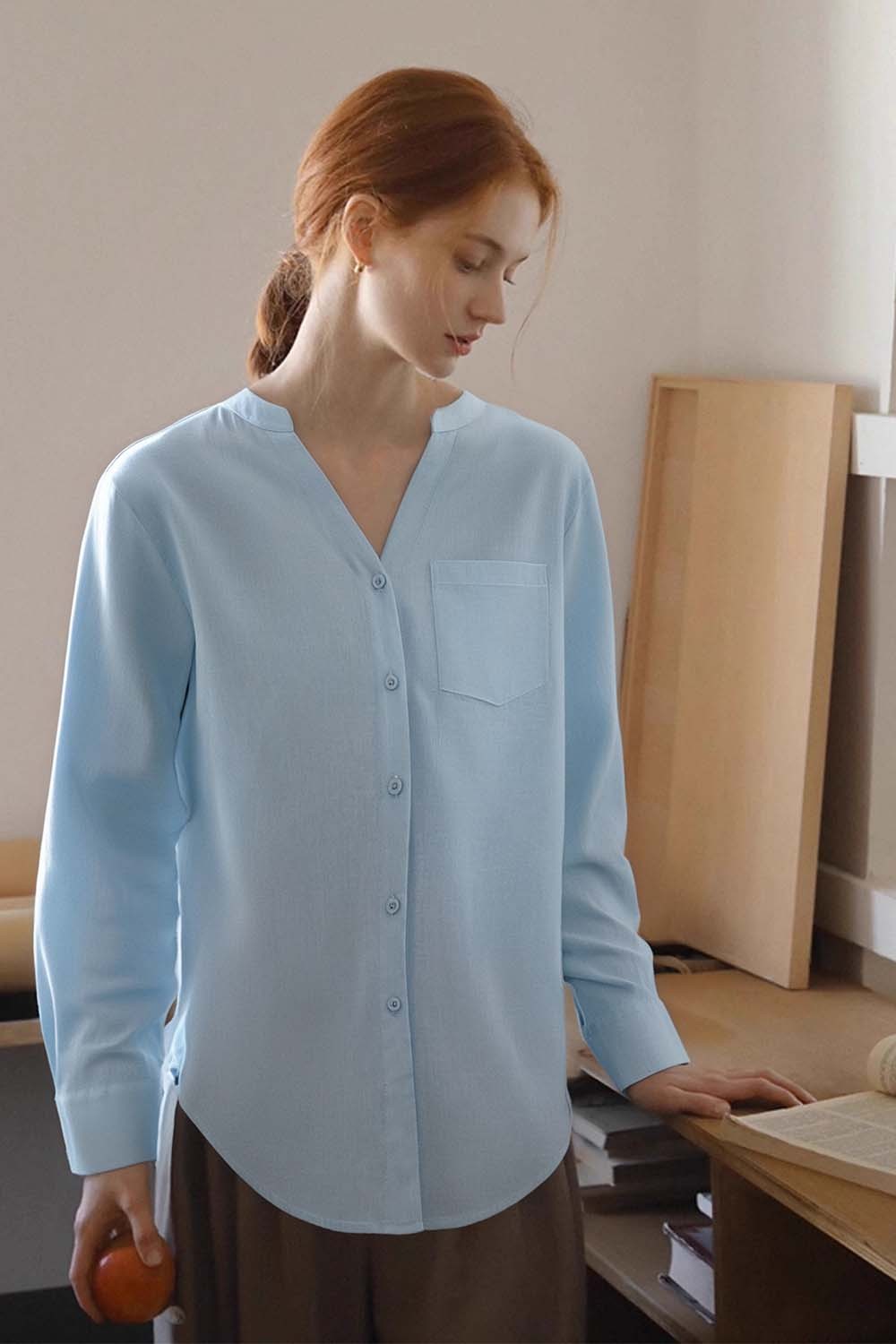 Ramie Blended Stand-Up Collar Patch Pocket Shirt
