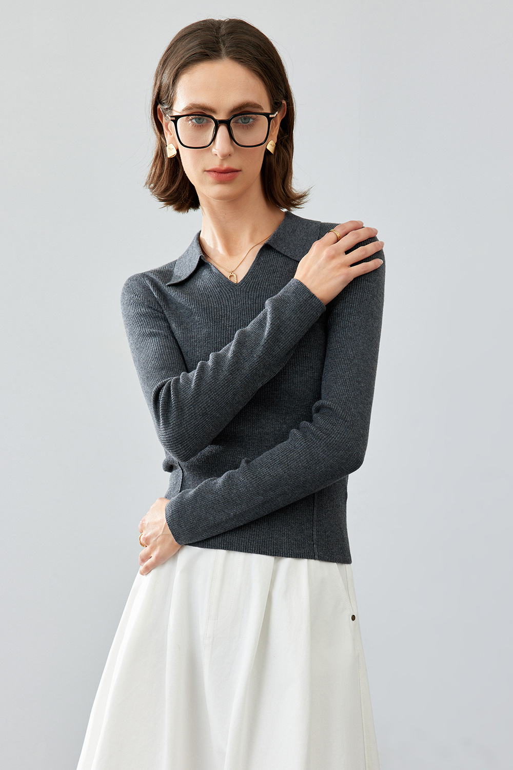 Polo Collar Cinched Waist Knit Sweater