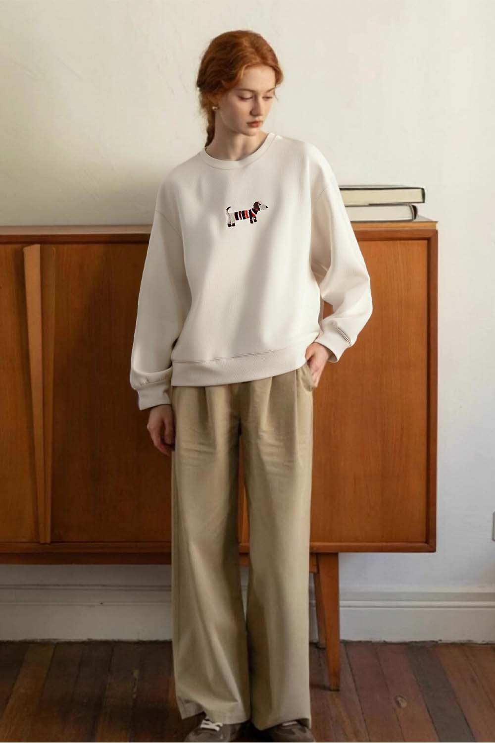Dachshund Embroidered Round Neck Sweatshirt