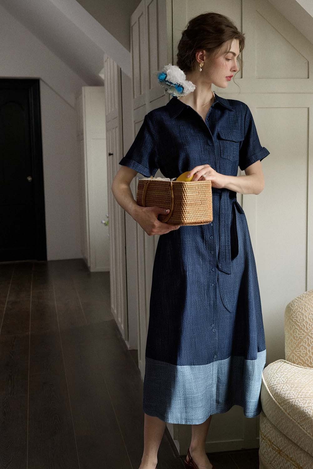 100% Cotton Contrast Denim Dress